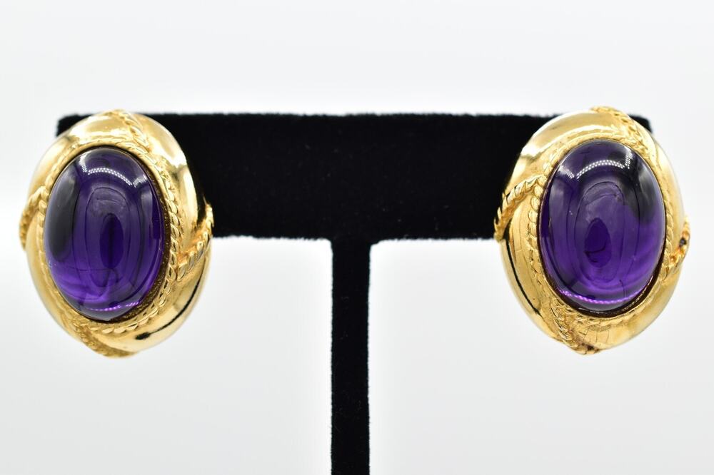 Vintage Purple Cabochon Earrings Oval Post Gold Stud Heavy Chunky 1980s BinBF